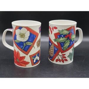 Set 2 Dunoon Christmas Coffee Mugs W/poinsettias, pine cones, and holly